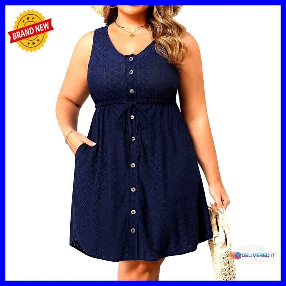 Plus Size Summer Dress Sleeveless V Neck Button Down Swing Sundress Pockets